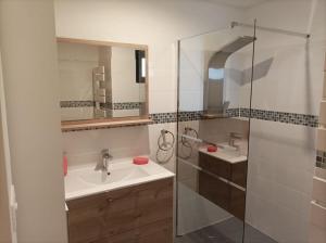 a bathroom with a sink and a glass shower at Appartement Caraman in Caraman