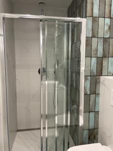 um chuveiro com uma porta de vidro na casa de banho em Imperial Citi Apartament em Cracóvia
