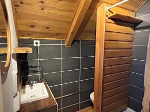 La petite salle de bains est pourvue d'un lavabo et de toilettes. dans l'établissement Les 3 Flocons Roure, à Roure