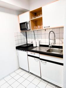 una cucina con lavandino e forno a microonde di B&R apartment türkischen Konsulats a Norimberga