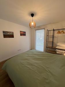 um quarto com uma cama verde e uma janela em Le Stan - proche centre ville - Terrasse & Parking gratuit em Colmar