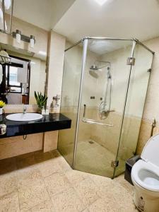 uma casa de banho com um chuveiro, um lavatório e um WC. em Kem Apartment 18 Ngô Quyền em Hanói