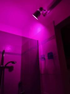 La salle de bains est pourvue de lumières roses et d'une cabine de douche. dans l'établissement Nella Dolce Grotta, à Monsummano