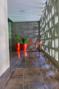 a hallway with two chairs and potted plants in a building at Casa com Piscina no bairro João VI, Muriaé-MG in Muriaé