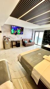 ein Schlafzimmer mit einem Bett, einem Sofa und einem TV in der Unterkunft Hotel Bacatá in Bucaramanga