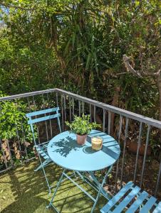 una mesa azul y sillas con una maceta en Appartement cosy au calme à cote du zoo avec balcon et parking securisé en Montpellier
