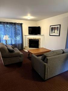 ein Wohnzimmer mit 2 Sofas und einem Kamin in der Unterkunft Peaceful Golf Spa in Collingwood