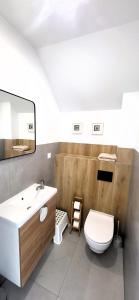 a bathroom with a toilet and a sink and a mirror at Na Pokładzie in Dębki