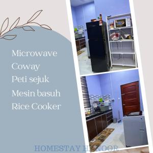 a collage of two pictures of a kitchen and a refrigerator at Homestay Haji Noor in Tanah Merah