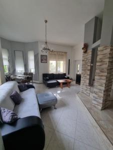 a living room with a couch and a fireplace at Sarok Villa in Siófok