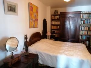 a bedroom with a bed and a mirror and bookshelves at Chambre paisible proche calanques et centre La Ciotat in La Ciotat