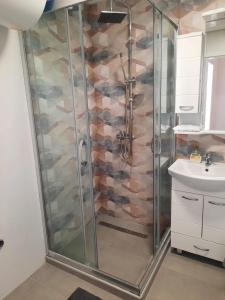 eine Dusche mit Glastür neben einem Waschbecken in der Unterkunft Apartment Gjorgijevski in Ohrid