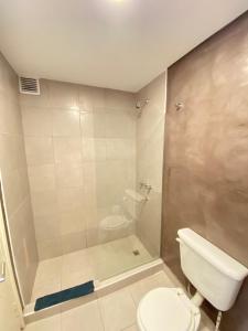 a bathroom with a shower and a toilet in it at Hotel Chacabuco in Buenos Aires