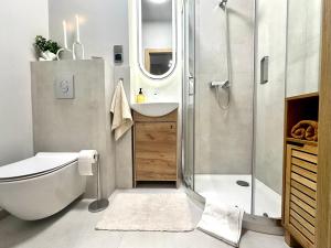 La salle de bains est pourvue d'une douche, de toilettes et d'un lavabo. dans l'établissement Park House Apartament Deluxe- free parking, à Częstochowa