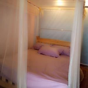 a bed with a canopy in a room with purple pillows at Merricks Guest House in Litein