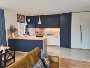 a kitchen with blue cabinets and a couch in a room at Apartament przy tężni in Augustów