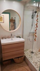 een badkamer met een wastafel en een douche met een spiegel bij Vittoria Immobilier 10 -Vue Dégagée - Terrasse - chèques vacances acceptés in La Grande-Motte