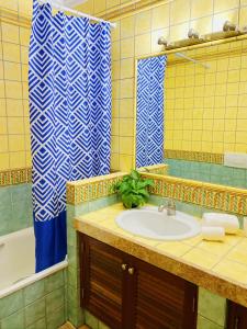 a bathroom with a sink and a blue and white shower curtain at Benagil Beach House - Victoria in Lagoa +14 photos