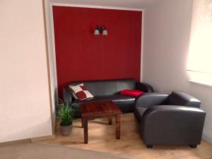 a living room with a leather couch and a table at Elbflair in Zahna-Elster