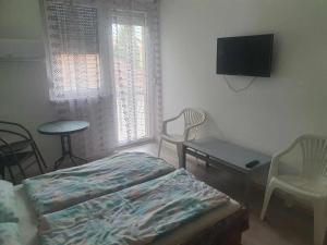 1 dormitorio con 1 cama y TV en la pared en Farkas Apartmanok, en Balatonlelle