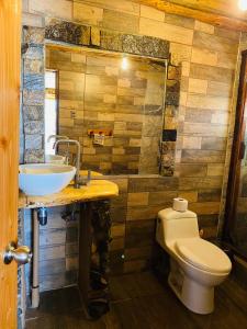 La salle de bains est pourvue de toilettes et d'un lavabo. dans l'établissement Cabañas Rusticas Olimpus del Elqui, à Vicuña