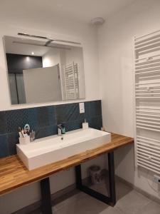 W łazience znajduje się biała umywalka i lustro. w obiekcie Superbe Villa Centre-ville Millau w mieście Millau