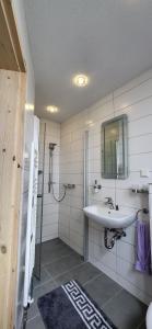 a bathroom with a sink and a shower and a mirror at Haus Maria in NeuhÃ¼tten