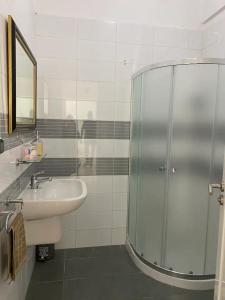 y baño con lavabo y ducha acristalada. en Appartement simple et propre en Sfax