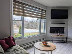 - un salon avec un canapé et une grande fenêtre dans l'établissement Elegant Home 2BD, 1BTH 2Mins Lake, à Elliot Lake