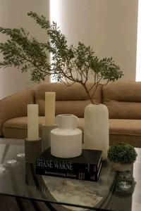 a living room with a glass coffee table with a tree at Twin Hearts Residences Unit 215 in Roxas City