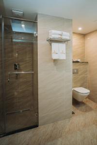 加德滿都的住宿－Dees Boutique Hotel，一间带卫生间和玻璃淋浴间的浴室