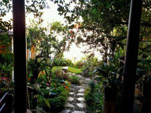un giardino con un sentiero ricco di fiori e piante di Hotel Anáhuac a Juayúa