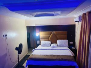 1 dormitorio con 1 cama grande y techo azul en Havilah Suites Ltd, Nnewi, en Nnewi