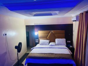a bedroom with a large bed with a blue ceiling at Havilah Suites Ltd, Nnewi in Nnewi