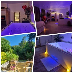un collage de fotos de una casa con bañera en "Levasion romantique" loft jacuzzi jardin privatif près de Paris en Saint-Prix