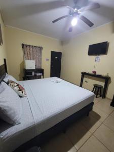 a bedroom with a bed and a ceiling fan at B Aparts Hotel in Coxen Hole