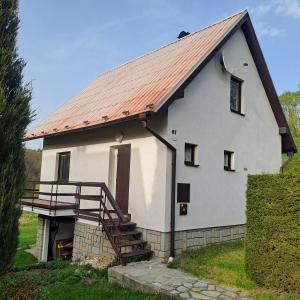 Casa blanca con techo de metal y escalera en Chata Nuzice, en Týn nad Vltavou