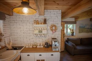 a kitchen with a sink and a couch in a room at Niezapominajka in Zbiczno