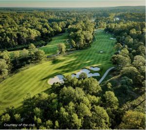 an overhead view of a golf course with trees at Cottage style home close to golfing and lake 