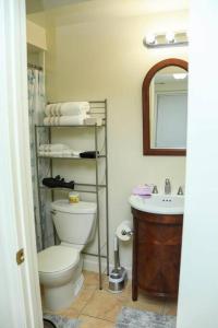 La salle de bains est pourvue de toilettes, d'un lavabo et d'un miroir. dans l'établissement Private Room with Ensuite Bathroom Centrally Located, à Washington