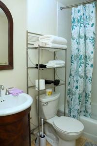 y baño con aseo y cortina de ducha. en Private Room with Private Bathroom Centrally Located en Washington