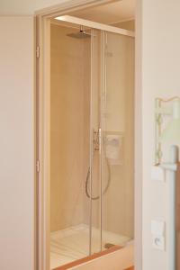 a shower with a glass door in a bathroom at Hotel des Victoires - Restaurant in Cannes