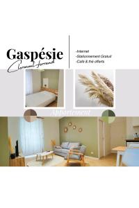 un collage di immagini di un soggiorno e di una camera da letto di Appartements à thème a Clermont-Ferrand