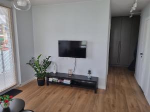 uma sala de estar com uma televisão de ecrã plano na parede em Apartament Topolowa 48 em Elblag