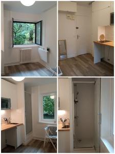 four pictures of a room with a sink and a window at Studio à 35 min du cœur de Paris in Saint-Cloud