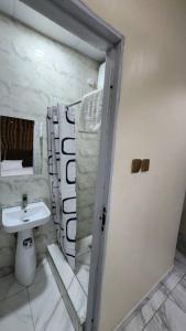 a bathroom with a sink and a toilet and a mirror at Ceetran Hotels in Port Harcourt