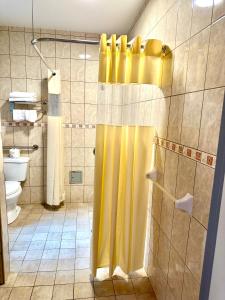 W łazience znajduje się prysznic z żółtą zasłoną prysznicową. w obiekcie Hotel St. James w Nowym Jorku