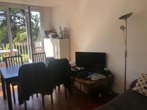 ein Wohnzimmer mit einem Tisch und einem TV in der Unterkunft Appartement idéal JO in Maisons-Laffitte