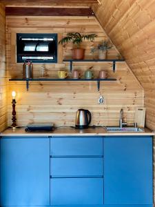 a kitchen with blue cabinets and a counter top at Kazbegi Kuro Cottages in Kazbegi