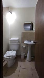 a bathroom with a toilet and a sink at Hotel Mateos 1215 in León